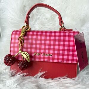 Betsy Johnson 🍒 Pink and Red Plaid Cross Body Bag + Piper Red  Cherry Bag Charm